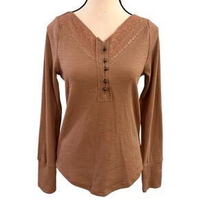 Tan Buttoned Long Sleeve Blouse with V-Neck